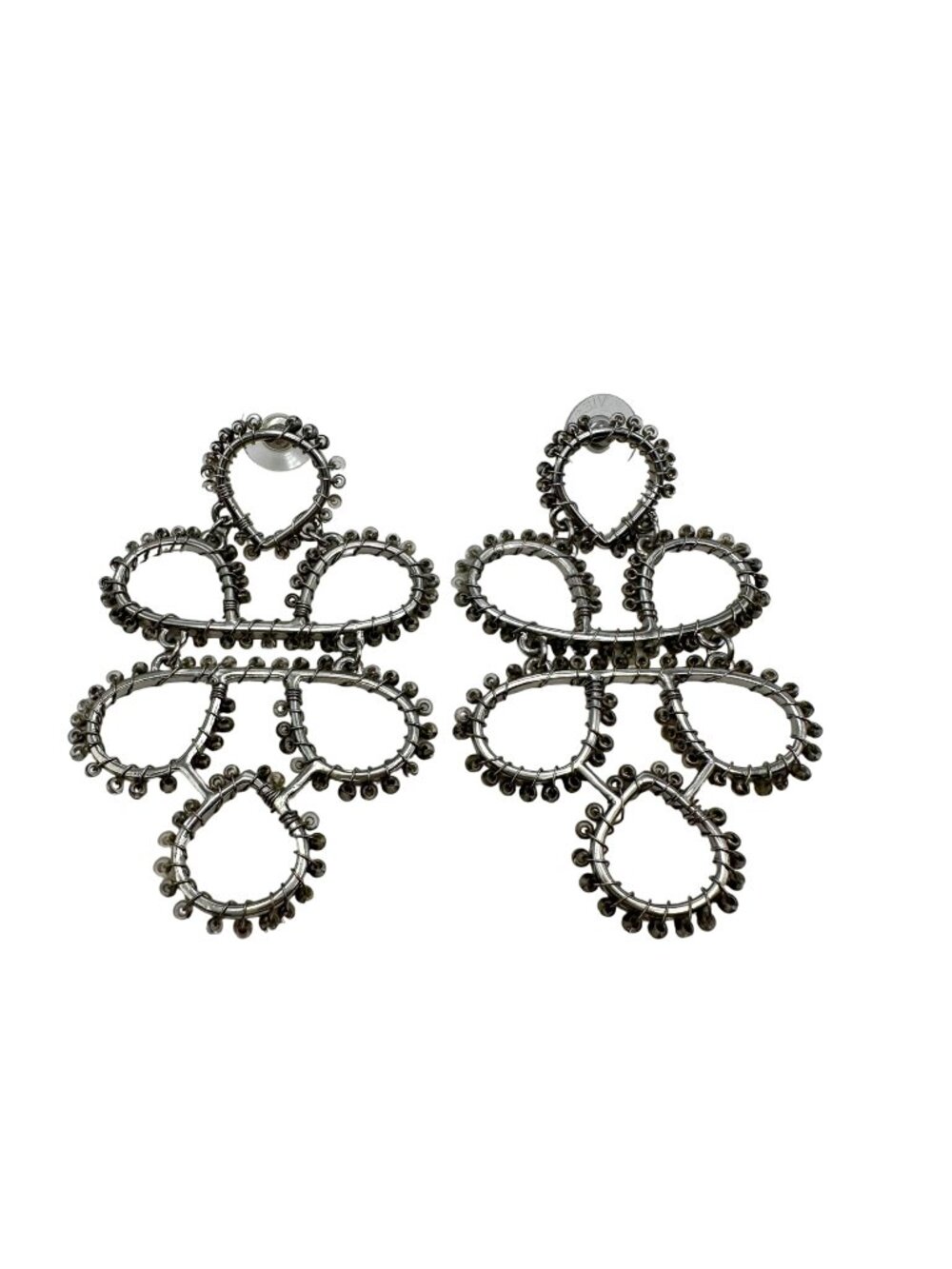 Silver Tone Beaded Drop Down Earrings Statement Long Stud Art Deco